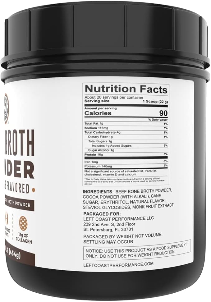 Left Coast Performance Vanilla Bone Broth Protein Powder 16oz + Chocolate Bone Broth Protein Powder 16oz