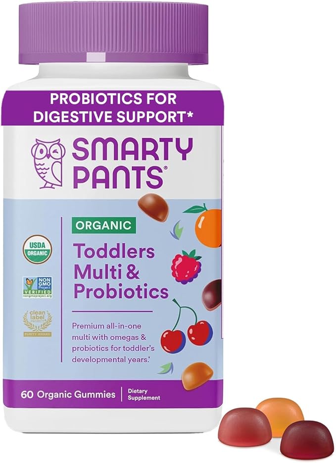 SmartyPants Organic Women's and Toddler Multivitamin Gummies with Probiotics Omega 3 Vitamins D3 B12 C A K Zinc and More Gluten Free 120 and 60 Count
