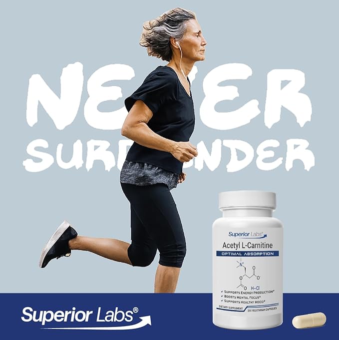 Superior Labs Acetyl L-Carnitine 500 mg High Potency ALCAR Pure Non-GMO Zero Synthetic Additives Maximum Absorption Energy &amp Fat Metabolism Brain Nerve &amp Cellular Detox Support (200 Ve