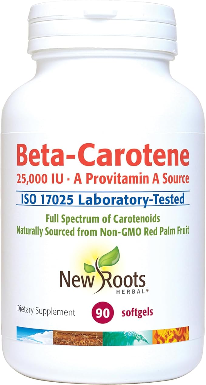 NEW ROOTS HERBAL Beta-Carotene 25000 IU Supplements | Vitamin A (90 Softgels) | Full Spectrum of Carotenoids | Naturally Sourced from Non-GMO Red Palm Fruit + Organic Flax Seed Oil