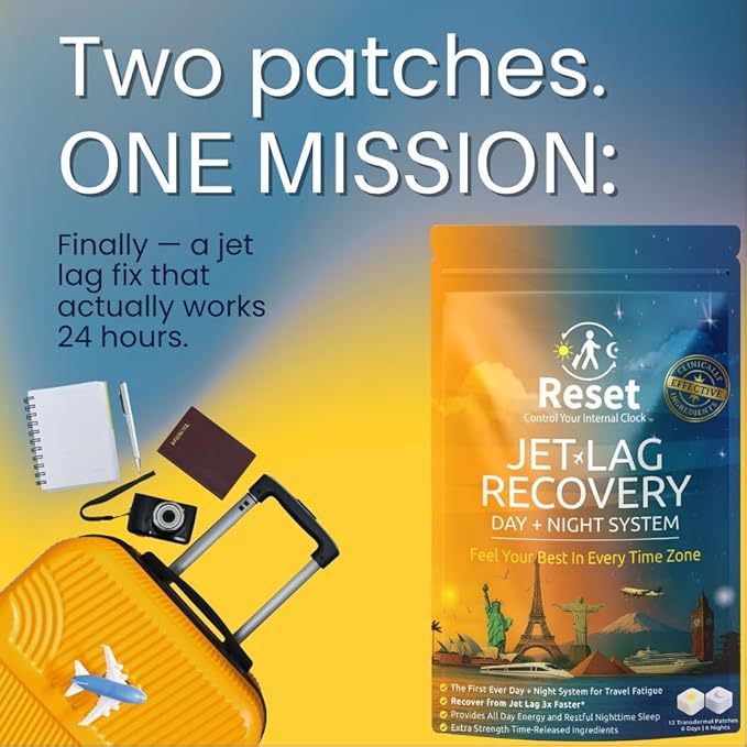 Reset Jet Lag Recovery System | Day and Night Transdermal Patches with Extra Strength Melatonin Magnesium and B Vitamins | Travel Fatigue Relief Sleep Support | Energy Boost | Family Travel - 3pk