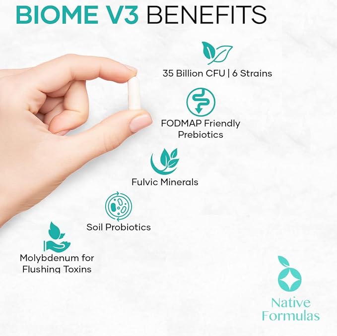 Native Formulas Biome V3 Probiotic Prebiotic &amp Fulvic Minerals Supplements - 35 Billion CFU - 6 Strains - 60 Vegan Capsules - Women &amp Men - FODMAP Friendly - Supports Digestive Immune &amp