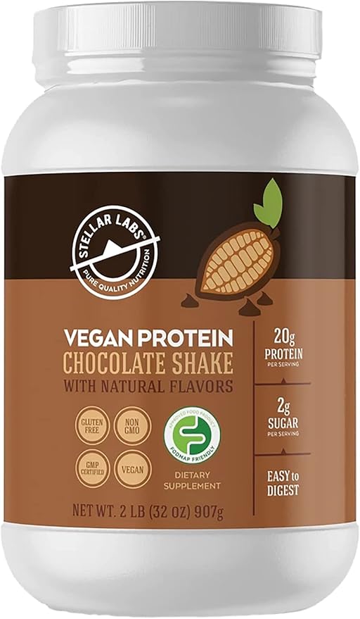 Stellar Labs Vegan Protein Powder with BCAA's &amp Antioxidants | Certified Low FODMAP Non GMO Gluten Free Soy Free Low Carb with Stevia | Lean Plant Based Protein Powder Shakes | Chocolate