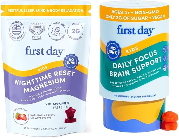 FIRST DAY Kids Calming Gummies (Strawberry) &amp Brain Focus Gummies (Peach) for Rest &amp Attention | Mood &amp Energy | No Melatonin | Stimulant-Free | Clean Label Project Verified® | Vegan | 30-