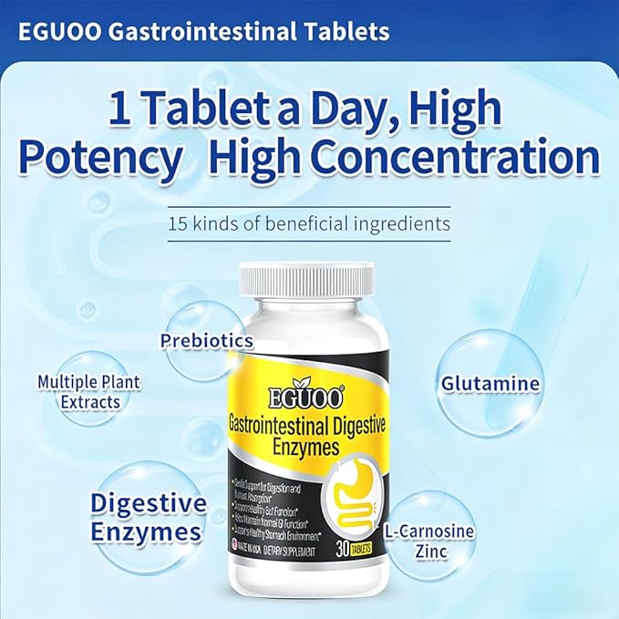 Gastrointestinal Digestive Enzymes Multi-Prebiotic Complex with Plant Extracts 30 Tablets Dietary Supplement for Gut Health and Digestion Support