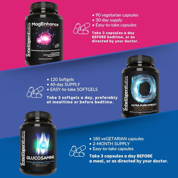 Intelligent Labs 3-in-1 Bundle of MagEnhance Magnesium Complex (Magtein® L-Threonate Glycinate Taurate) + Soy-Free Phosphatidylserine Supplement + Glucosamine Chondroitin MSM Complex for Joints