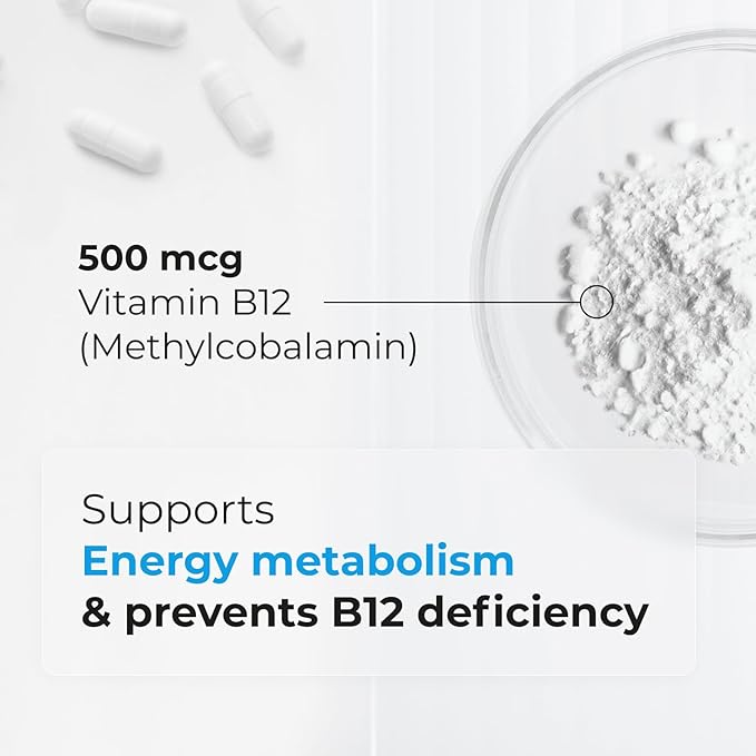Vitamin B12 - as Methylcobalamin Supports Energy Metabolism Nervous System Health Blood Cell Function and Methylation - Non OGM Gluten-Free Vitamin Supplement 90 Capsules