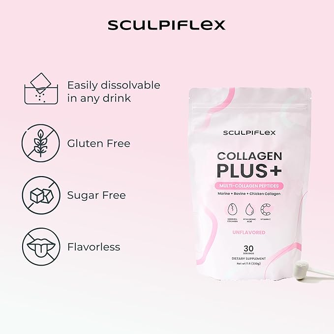 Sculpiflex Hydrolyzed Collagen Peptides Powder Marine Bovine and Chicken Unflavored Multi Collagen Complex for Women Firms Skin and Boosts Elasticity Hydrating with Hyaluronic Acid (30 Servings)
