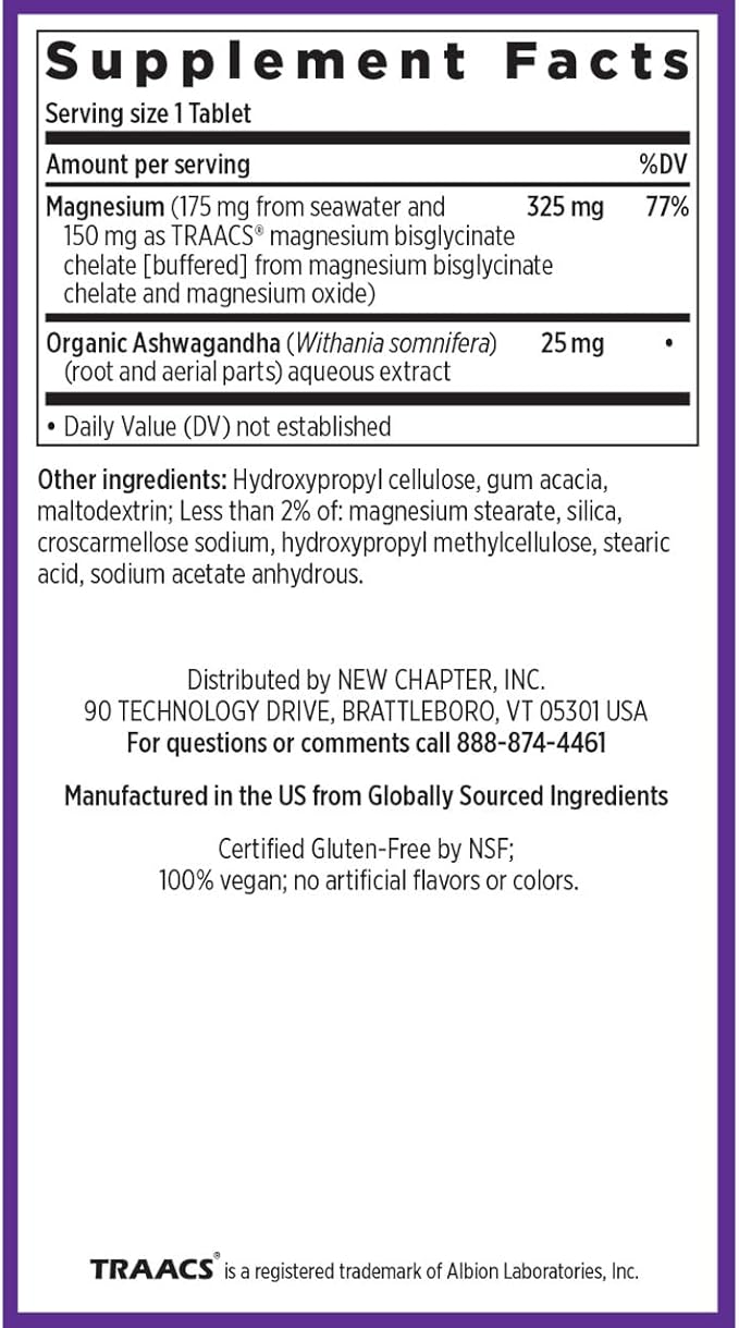 New Chapter Magnesium + Ashwagandha Supplement 325 mg with Magnesium Glycinate for Muscle Relaxation &amp Recovery Heart Nerve &amp Bone Health 2.5X Absorption Non-GMO - 90 ct (3 Month Supply)