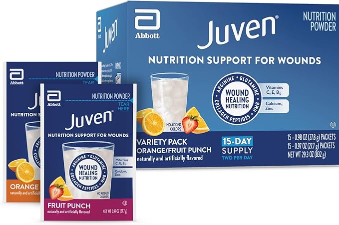Juven Therapeutic Nutrition Drink Powder Including Collagen Peptides Amino Acids and HMB For Wound Healing Support Variety Pack: Orange &amp Fruit Punch 30 Packets
