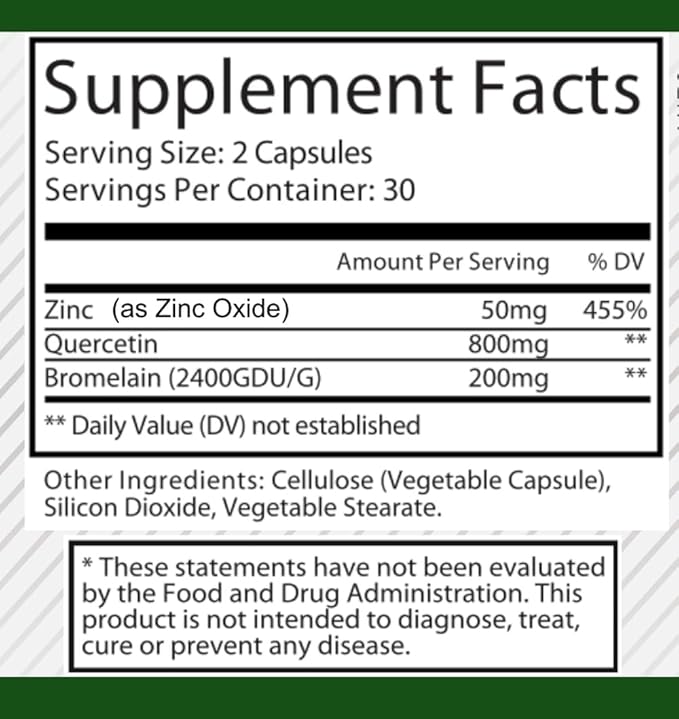 Hybrid Nutraceuticals Zinc Quercetin and Bromelain Capsules - Immune Support Joint Support Antioxidant