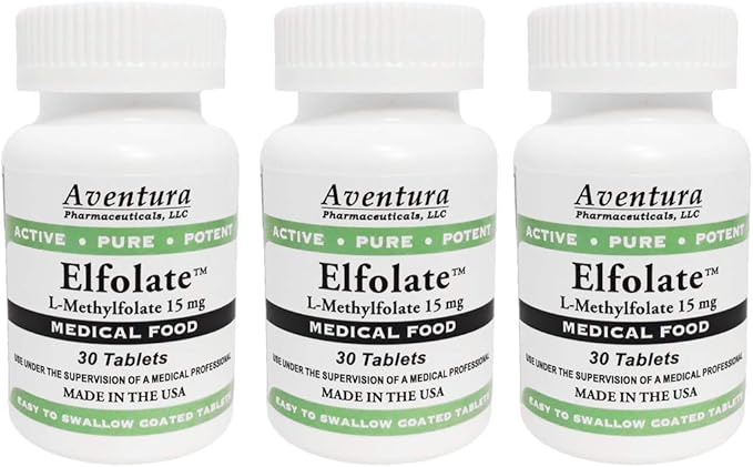 ELFOLATE® 15mg 3 Pack L-Methylfolate Methyl Folate Methylfolate Medical Food Supplement Professional Strength Active Pure Potent 30 Tablets