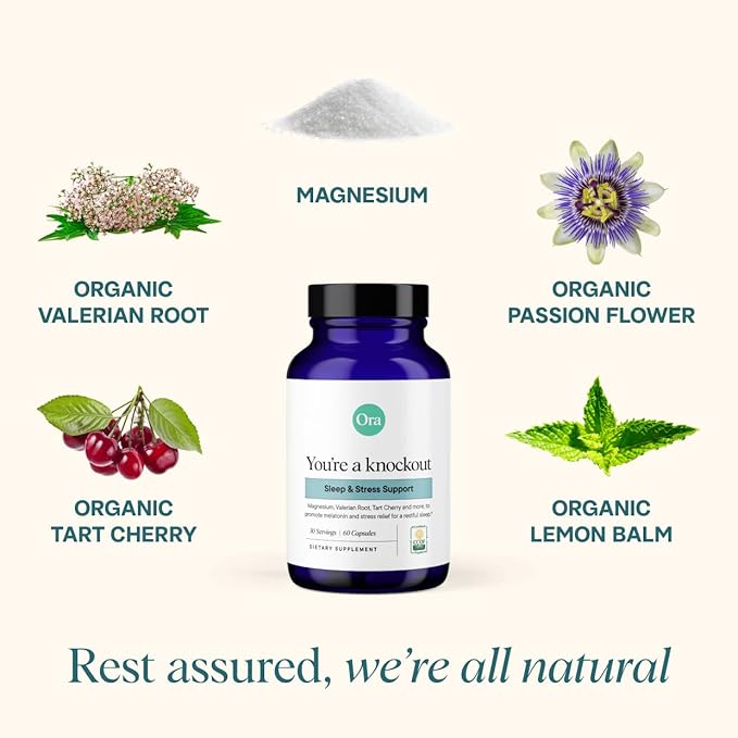 Ora Organic Natural Sleep Aid Supplement Stress Support Calming Herbal Blend with Melatonin from Tart Cherry - Includes Magnesium Citrate Valerian Root and Lemon Balm - 1 Month Supply 60 Capsules
