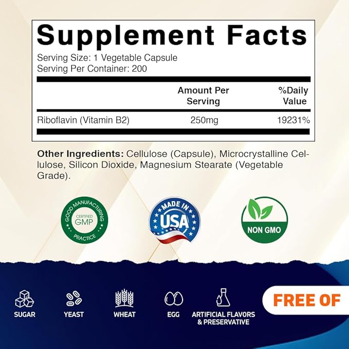 Vitamatic Vitamin B2 (Riboflavin) 250 mg - 200 Capsules - 2 Pack