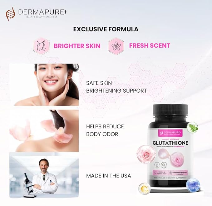 Dermapure Glutathione Whitening Pills 2-in-1 600mg with Rose Oil Extract – Skin Lightening &amp Deodorant Supplement - Dark Spots Acne Scars &amp Hyperpigmentation – Made in USA 60 Capsules (1 Pa