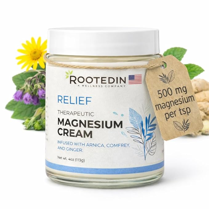 Rooted In Relief Magnesium Cream – 500mg Magnesium Chloride per Teaspoon – Enriched with Arnica Comfrey &amp Botanical Blend – Targeted Muscle Support &amp Topical Relaxation – 4 oz Glass Jar