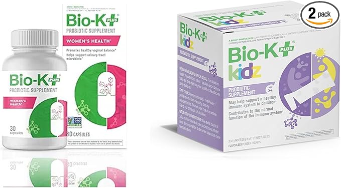 Bio K+ Women's Health Probiotic Bundle – Vaginal &amp Urinary Tract Support 2B CFU + Daily Probiotic for Kids with Limosilactobacillus fermentum LC40® Vitamin D3 28 Packets Non-GMO Gluten-Free