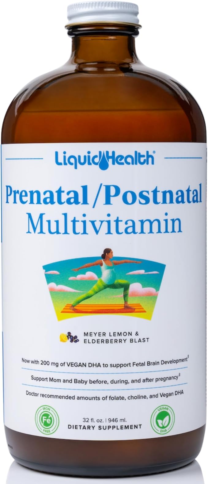 LIQUIDHEALTH Prenatal/Postnatal Multiple Liquid Women's Multivitamin with Real Folate - Pre &amp Postnatal Vitamins for Before During After Pregnancy - Made in USA Vegan Sugar-Free Non-GMO (32 o