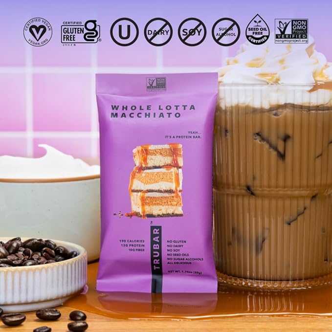 TRUBAR Vegan Protein Bar Whole Lotta Macchiato Gluten Free Plant Based Protein Dairy Free Non GMO Soy Free No Sugar Alcohols 12G Protein 12G Fiber 23G Carb On the Go Snack Bars 12 CT