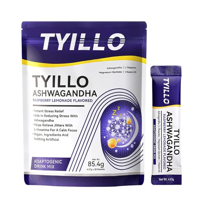 TYILLO Ashwagandha Drink Mix Raspberry Lemonade Flavor with L-Theanine Magnesium &amp D3 – Stress Relief Calm Focus &amp Sleep Support 20 Servings Sugar-Free Vegan Non-GMO Made In USA