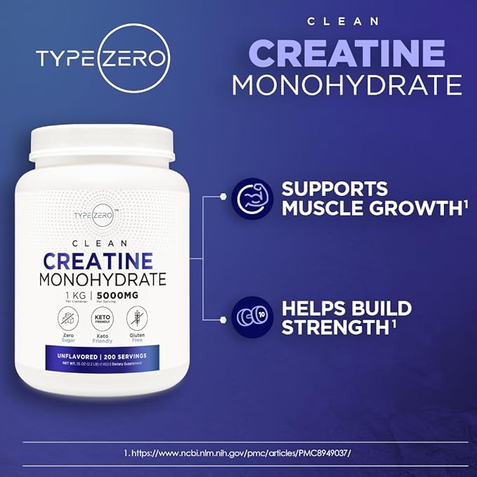 Type Zero Creatine Monohydrate (Unflavored) 1 KG 5000mg (5g) Per Serving Micronized Zero Sugar Keto Friendly &amp Gluten Free 200 Servings