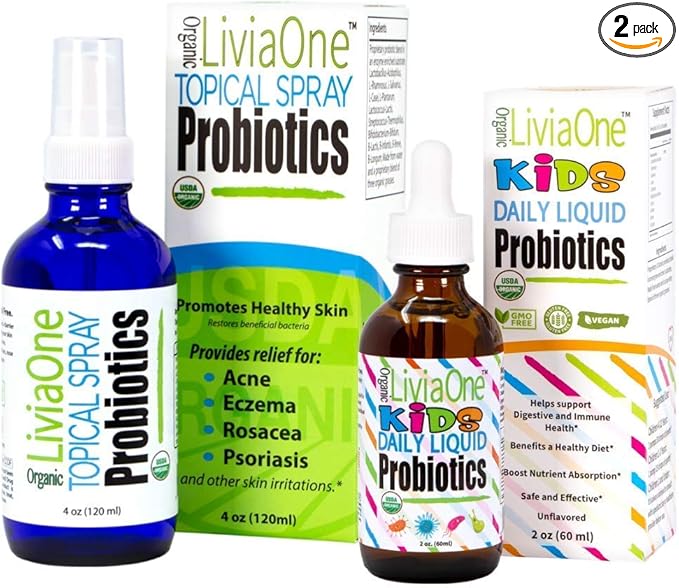 LiviaOne Daily Liquid Probiotics for Kids and Topical Probiotics Spray Bundle 6 Fl Oz (Pack of 2)