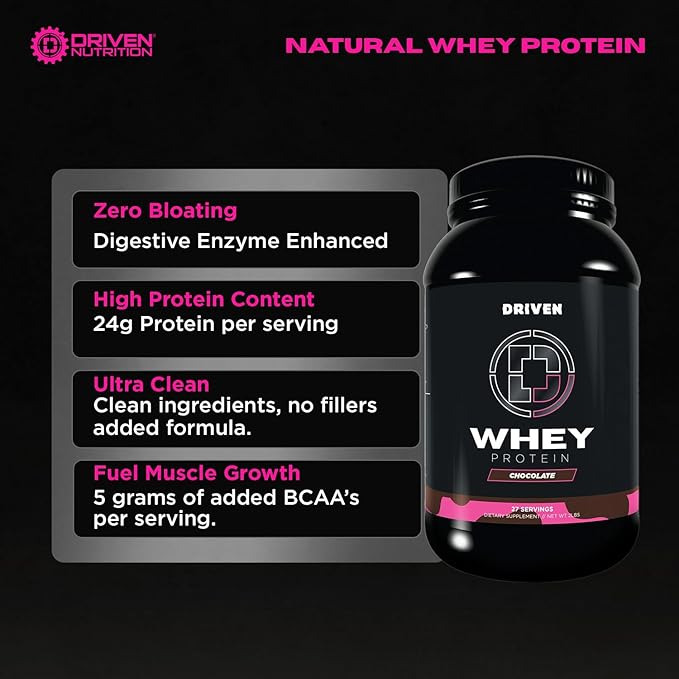 Driven WHEY- Grass Fed Whey Protein Powder: Delicious Clean Protein Shake- Improve Muscle Recovery with 23 Grams of Protein with Added BCAA and Digestive Enzymes (2 lb Chocolate Milkshake)
