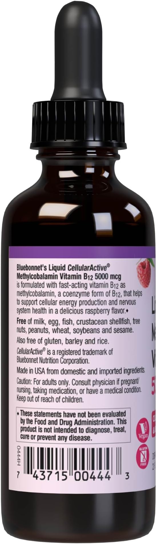 Bluebonnet Liquid Methylcobalamin Vitamin B12 5000 mcg Active Coenzyme Form of Vitamin B 12 Liquid Drops Energy Supplement for Women &amp Men - Vegan Gluten-Free - Raspberry Flavor - 2 Fl Oz