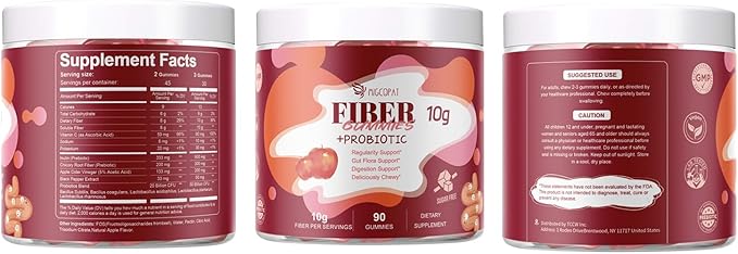 Sugar Free Fiber Supplement 10g Fiber Gummies for Adults Apple Flavor with Probiotics Vitamin C ACV Inulin Support Digestive Health 90 Count (Pack of 2)