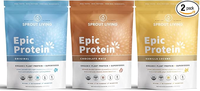 Sprout Living Epic Protein Bundle - Original Chocolate Maca &amp Vanilla Lucuma (20-26g Organic Plant-Based Protein Powder Vegan Superfoods) | 1lb 12 Servings