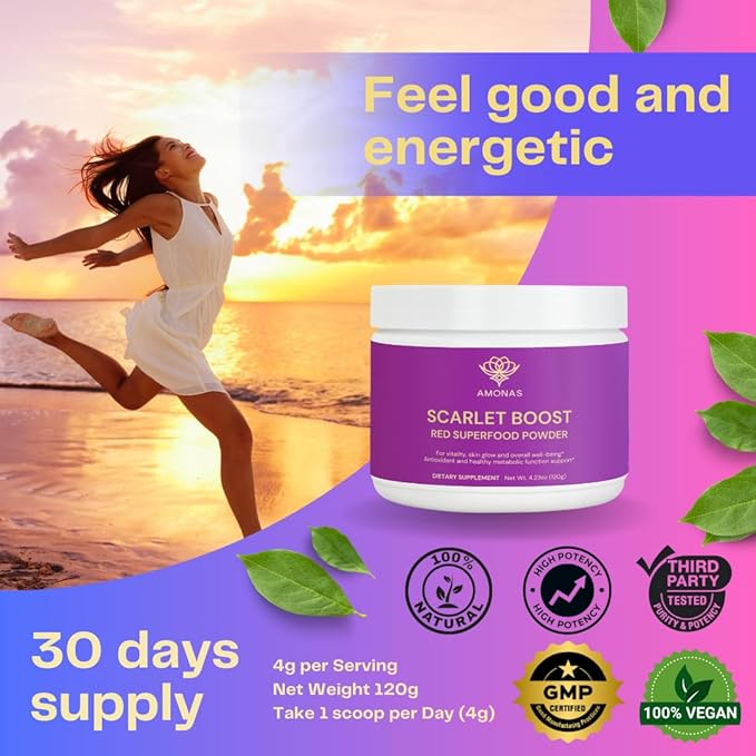 Scarlet Boost Red Superfood Powder - All Natural Red Greens Superfood Powder and Smoothie Mix: Greens Powder with Digestive Blend &amp 9 Strain Probiotics - 30 Servings