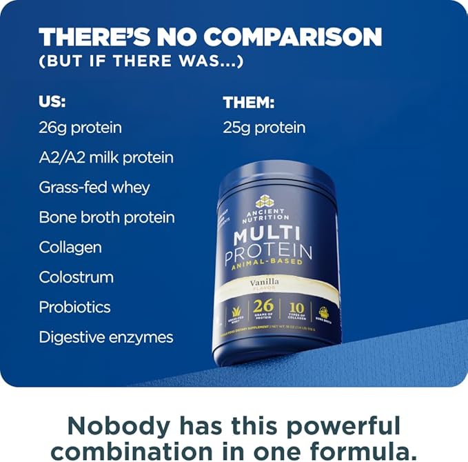 Ancient Nutrition Multi Protein Animal Based Powder 26g Protein Grass Fed Whey Bone Broth Collagen Peptides Colostrum &amp Probiotics Supports Joint &amp Gut Health Vanilla 15 Servings