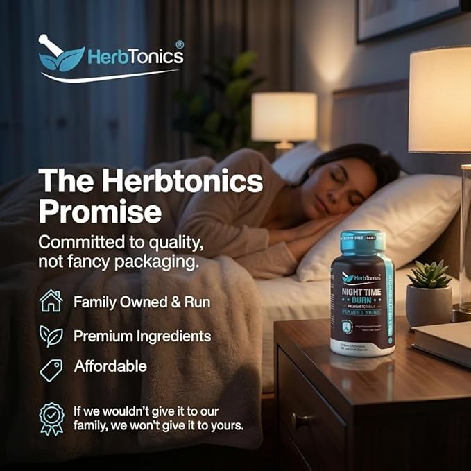 Herbtonics Night Time Burn &amp Sleep Complex Supports Overnight Metabolism Stress Relief &amp Deep Sleep. Includes Melatonin Valerian and Green Tea – Vegan Bedtime Weight Management (60 Capsules)
