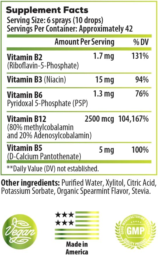 Ideal Infusion B-Bomb Vitamin B12 + B Complex Liquid Spray: Methylcobalamin with Adenosylcobalamin: Energy &amp Mood Support Sugar-Free Vegan Organic Spearmint Flavor