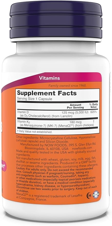 Now Supplements Mega D-3 &amp MK-7 5000 IU / 180 mcg Bone &amp Cardiovascular Support* Vitamins K-3 &amp K-2 180 Capsules