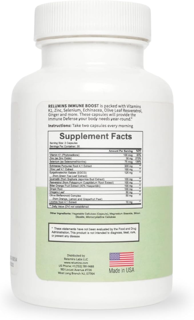 Relumins Immune Defense – Daily Nutrient Blend with Zinc Selenium Vitamin K1 Echinacea &amp Natural Extracts for Wellness Support – 60 Capsules