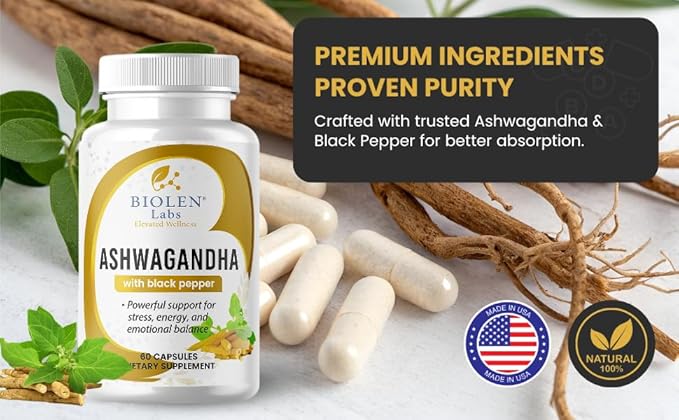 Biolen Labs Ashwagandha Extra Strength with Black Pepper 1300mg 60 Capsules Natural Stress Relief Mood Support Energy Supplement