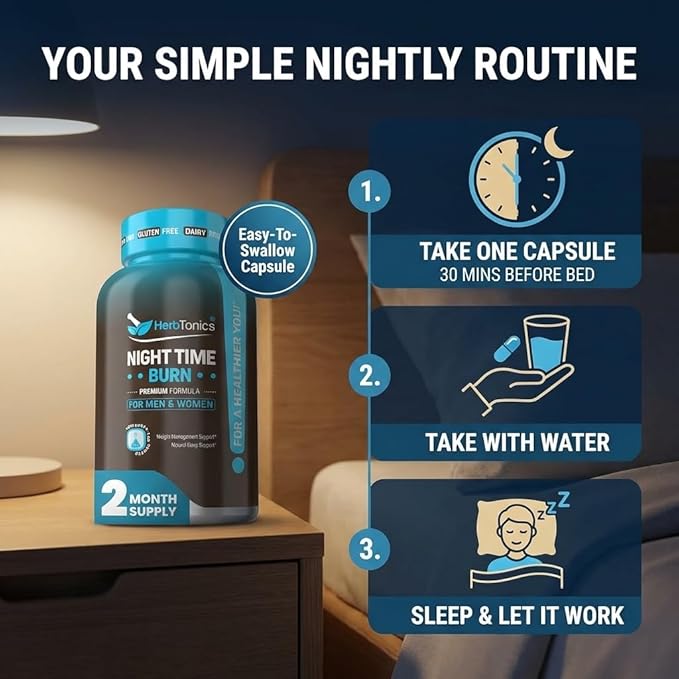 Herbtonics Night Time Burn &amp Sleep Complex Supports Overnight Metabolism Stress Relief &amp Deep Sleep. Includes Melatonin Valerian and Green Tea – Vegan Bedtime Weight Management (60 Capsules)