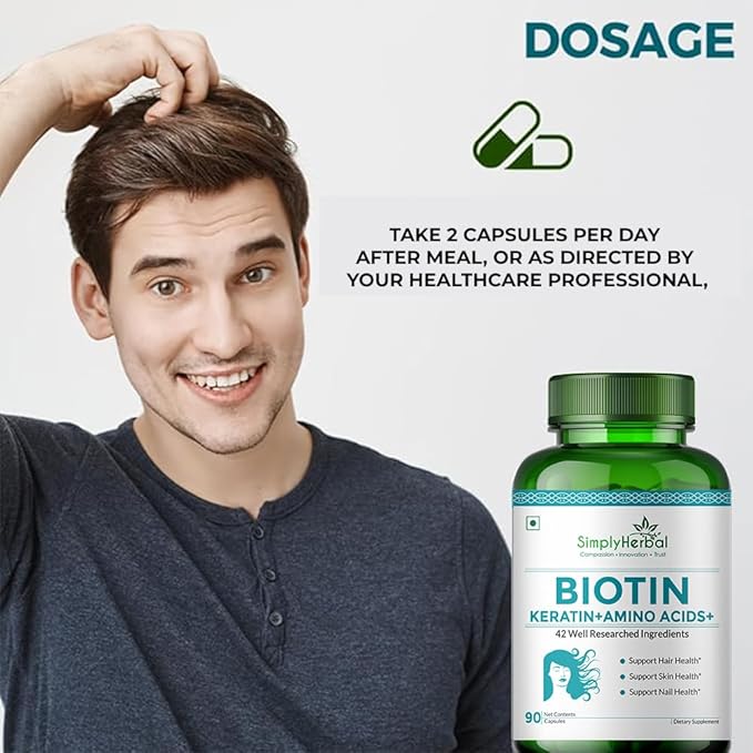 Simply Herbal Natural Biotin (Vitamin B7) Capsules for Healthy Hair Radiant Skin &amp Strong Nails - Enhanced with Keratin Multivitamins &amp Amino Acids - 90 Vegetarian Capsules for Men &amp Wom