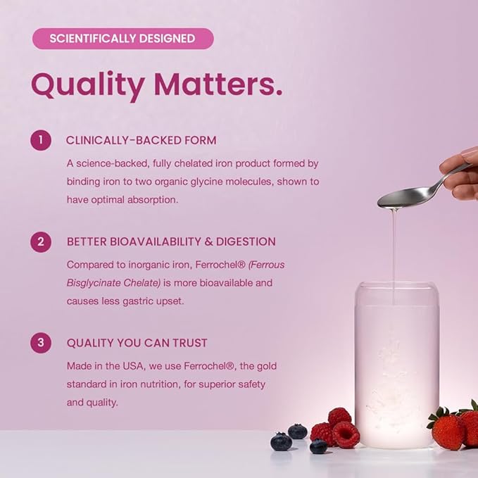 Organic Liquid Iron Supplement for Women Men &amp Kids with Vitamin C | Sugar Free Natural Berry Flavor Non Constipating Vegan Ferrochel® Iron Supplements for Healthy Blood Prenatal &amp Postnatal