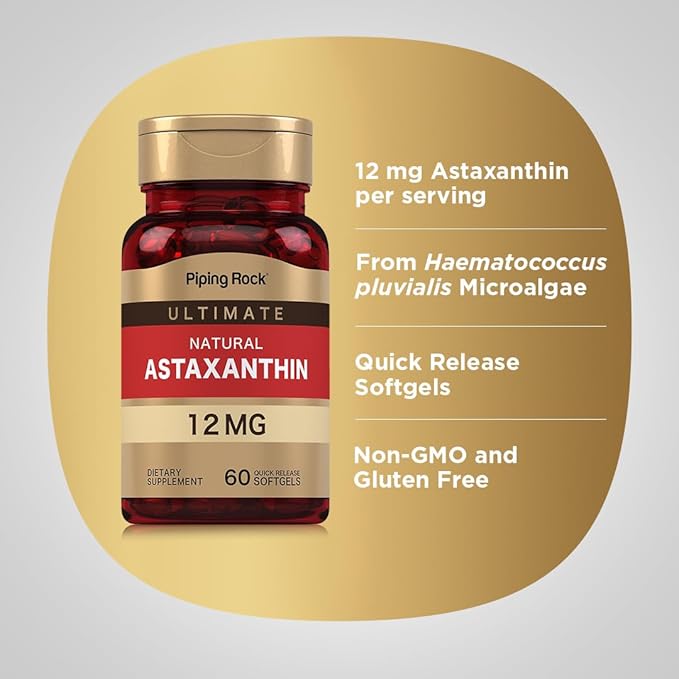 Piping Rock Astaxanthin 12mg | 60 Quick Release Softgels | Extract Supplement | Gluten Free Non-GMO