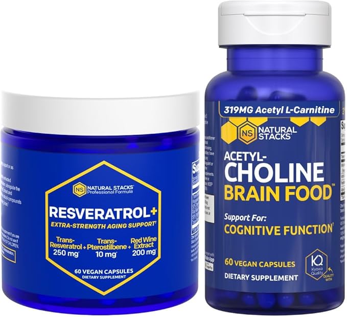 NATURAL STACKS Acetylcholine Brain Food + Resveratrol Supplement Bundle - Supports Cognitive Function &amp Brain Aging* - 120 Total Capsules
