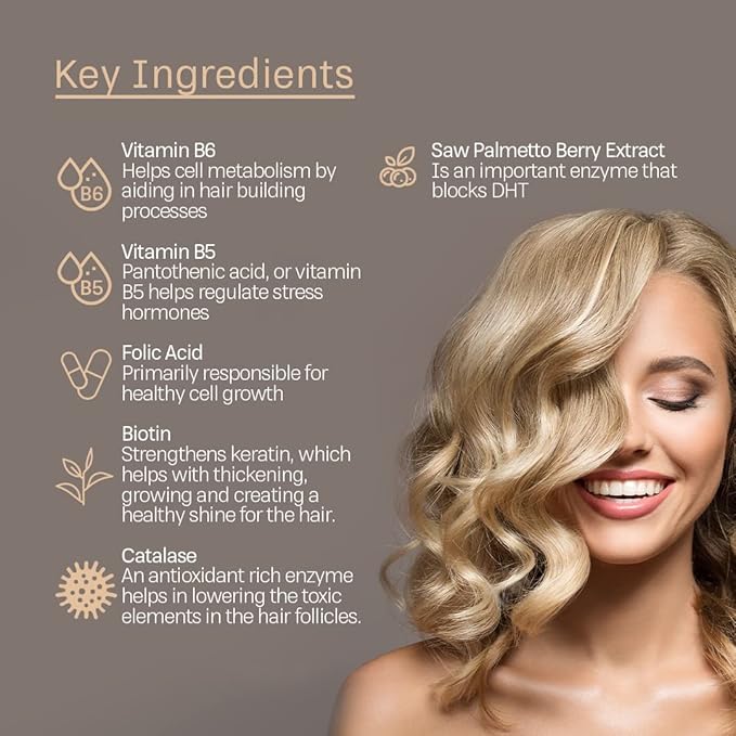 Hair Growth Supplement 250 mg - Anti-Grey Supplement for Men and Women with Folic Acid B-Vitamins &amp Biotin - Supports Grey Hair Change and Promotes Strong Healthy Hair