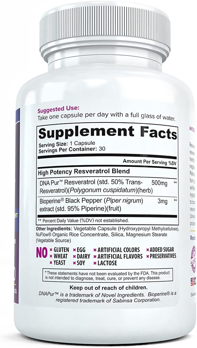 Resveratrol Platinum (3 Bottles) Anti Aging Supplement 500mg | Premium High Potency Formulation | 30 Capsules Per Bottle