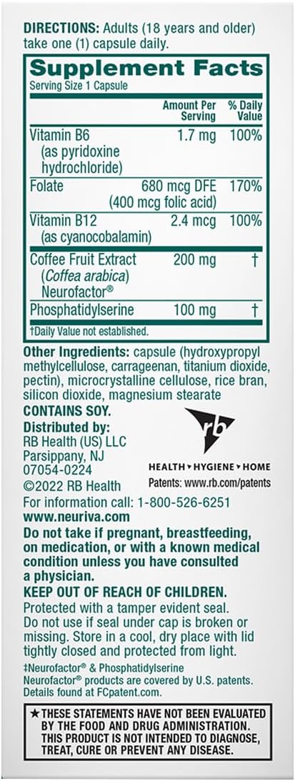NEURIVA Plus Brain Supplement for Memory Focus &amp Concentration + Cognitive Function with Clinically Tested Nootropics Phosphatidylserine and Neurofactor VIT B6 &amp B12 30 Count Capsules (3 Pa