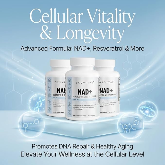 NAD+ Cellular Energy and Healthy Aging Support 60 Capsules with Quercetin and Resveratrol 500mg Metabolism Support DNA Repair Resveratol and Quercetin