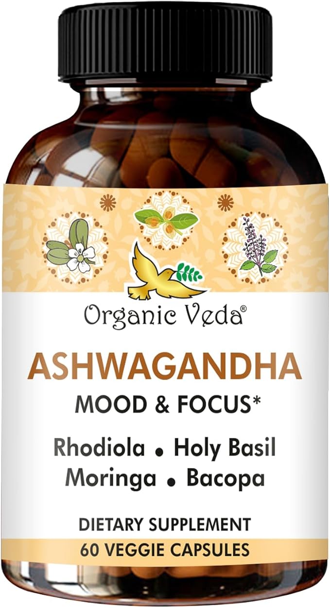 Organic Veda Ashwagandha Mood Support Supplement 1200mg with Organic Ashwagandha Root Bacopa Rhodiola Rosea Holy Basil Moringa Focus &amp Energy Support - 60 Vegan Capsules