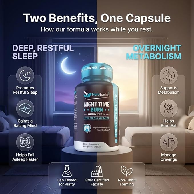 Herbtonics Night Time Burn &amp Sleep Complex Supports Overnight Metabolism Stress Relief &amp Deep Sleep. Includes Melatonin Valerian and Green Tea – Vegan Bedtime Weight Management (60 Capsules)