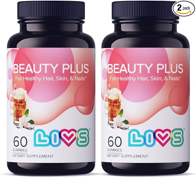 LIVS Beauty Plus Gummy Vitamins - Biotin Gummies for Hair Skin and Nails | Natural Gluten-Free Non-GMO Beauty Supplement with Vitamins A C E B12 D2 Zinc &amp More - Cream Soda Flavor - 120 Ct