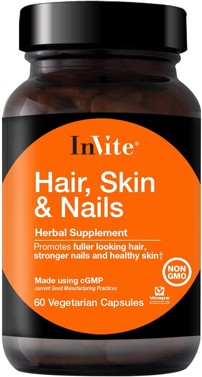 Invite Health Hair Skin &amp Nails Supplement - Supports Health and Growth of Hair Skin and Nails - Contains Vitamin C Biotin Zinc MSM Silica Lysine Proline Oatgrass - 60 Vegetarian Capsules